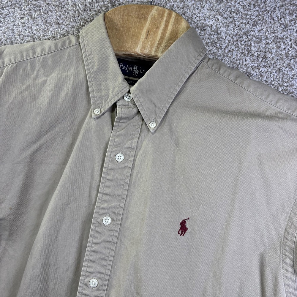 Vintage Ralph Lauren Shirt‎ Mens 2XL Beige Solid Long Sleeve Button Down Pony